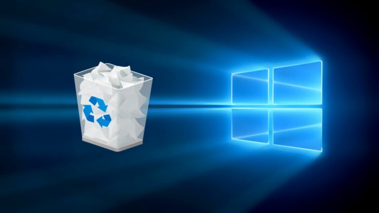 Le logo de Windows 10 accompagné de l'icône "corbeille" de ce même système d'exploitation