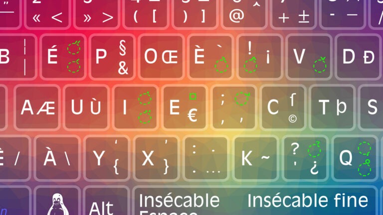 Image vectorielle d'un clavier virtuel de type bépo. En transparence, on distingue un arc de couleurs