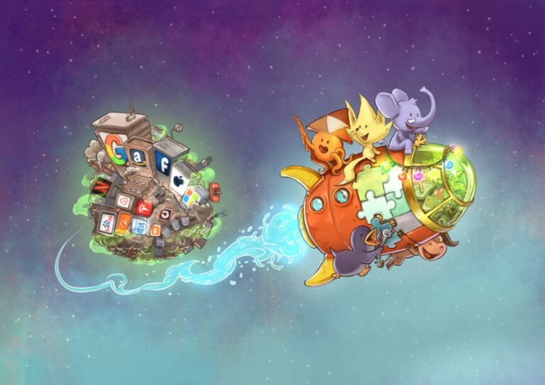 Les mascottes des logiciels libres (Mastodon, PeerTube, GNU, Linux et Mobilizôn) ont enfourché une fusée composée de pièces de puzzles et présentant à son bord un univers enchanteur et verdoyant. La fusée semble s'échapper une techno-planète hostile dominée par des immeubles affichant les logos GAFAM, NATU et BATX